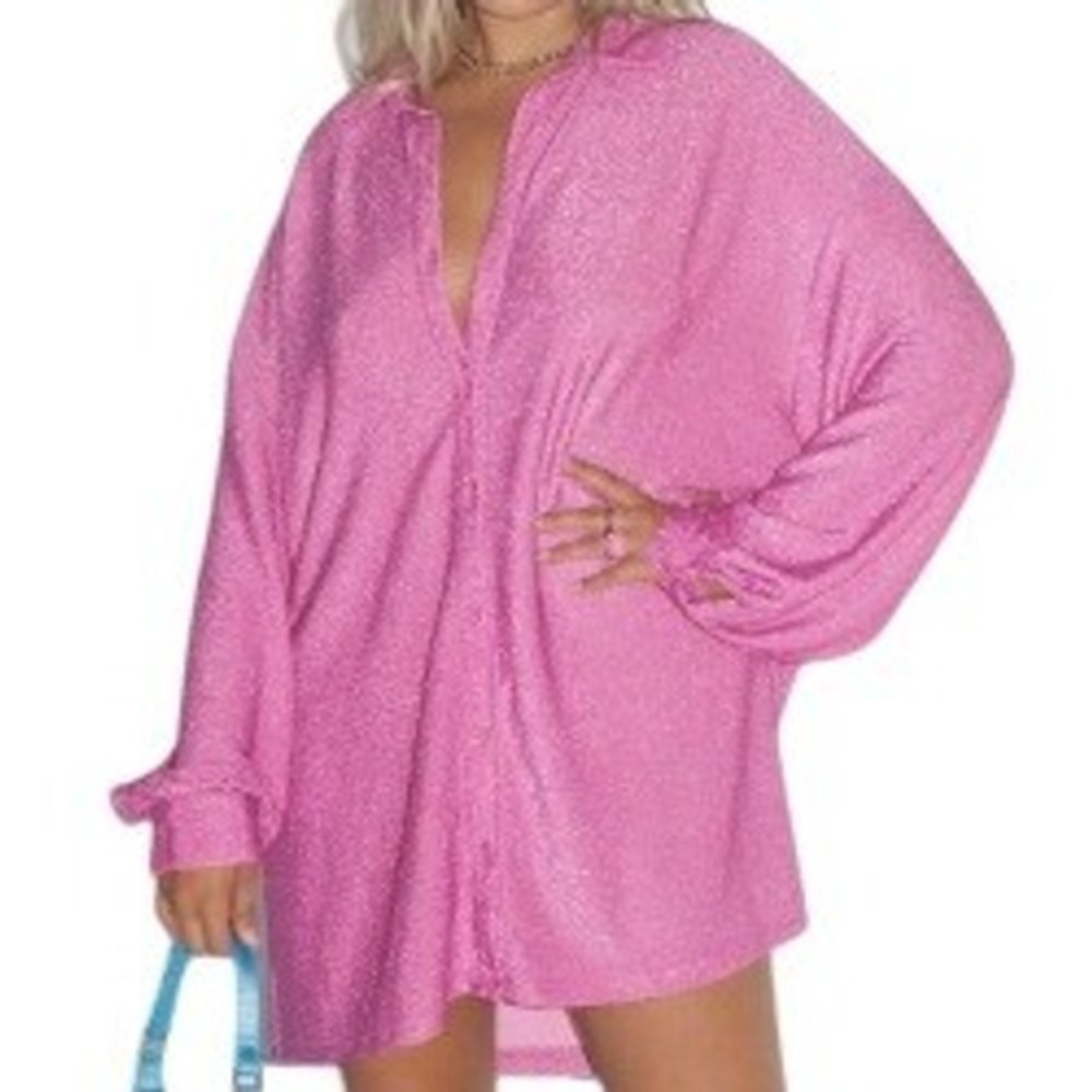 Princess Polly Evolving Pink Sparkle Glitter Shirt Dress‎ Button Front Size 4